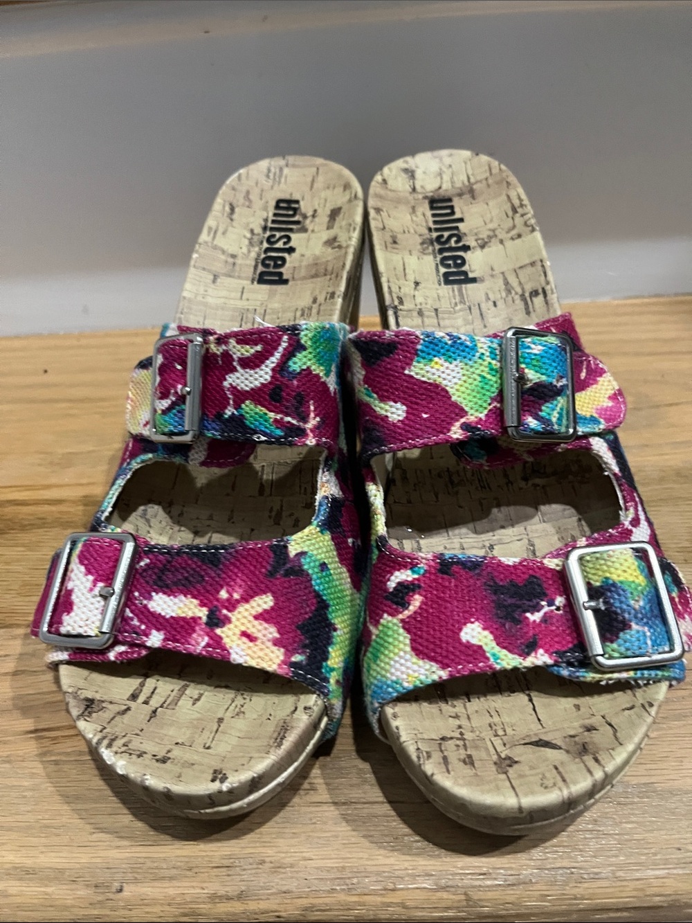 Unlisted Girls' Bright Multi-Color Floral Cork Slide Sandals